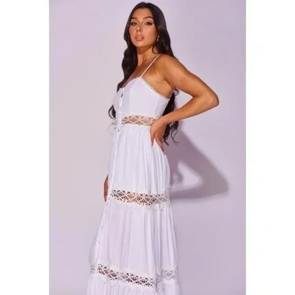 White Sleeveless V-Neck Crochet Trim Tiered Maxi Dress - Picture 7 of 9